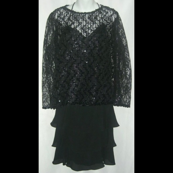 Vintage Plus Size Lori Max Dress Black Tier Flamenco Sheer Sequin Lace Flapper - Picture 1 of 9